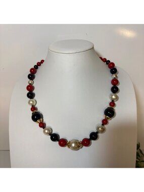 Red Black Faux Pearl Gold Beaded Necklace 24 inch Statement Chunky Vintage